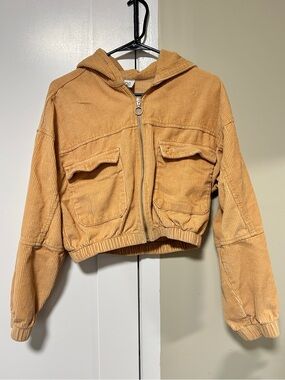 BDG (URBAN OUTFITTERS) Corduroy Cropped Hooded Zip Jacket - Tan